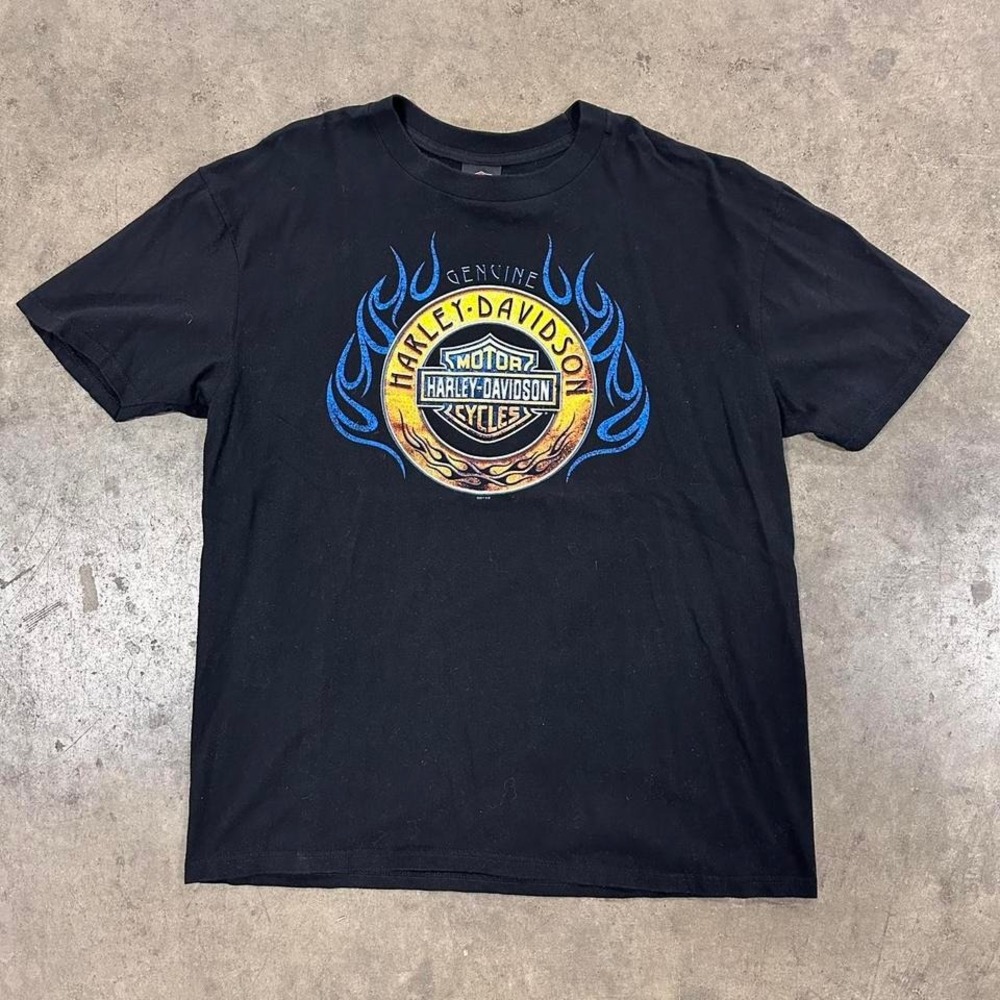 Harley Davidson Seattle Washington Blue Flames Graphic T-shirt Size XL